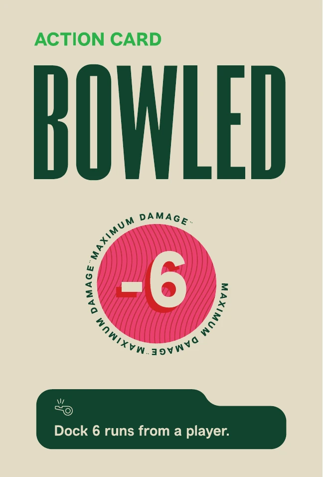 Bowled action card. Dock 6 runs from a player.