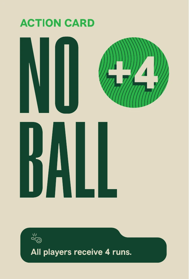 No Ball action card. All players receive 4 runs.