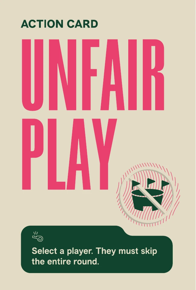 Unfair Play action card. Select a player. They must skip the entire round.