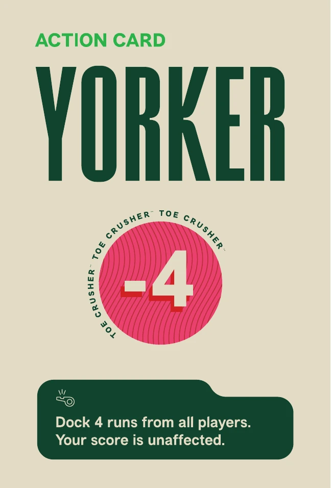 Yorker action card. Dock 4 runs from all players. Your score is unaffected.
